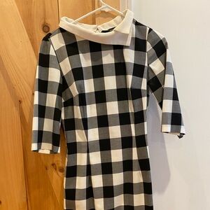 Vintage Monochrome Checkered Long Sleeve pencil Dress with collar